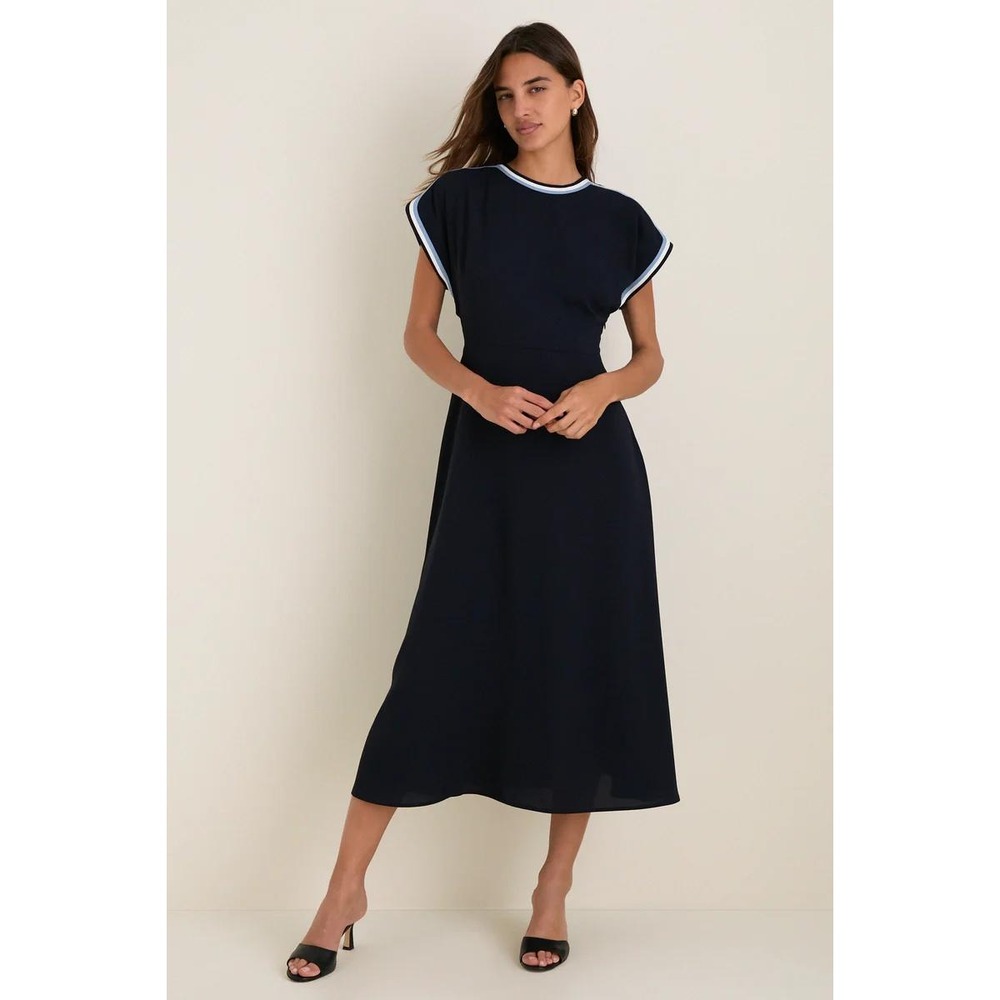 NWT Tuckernuck Navy Crepe Contrast Trim Sandrine Midi Dress ($268) Medium